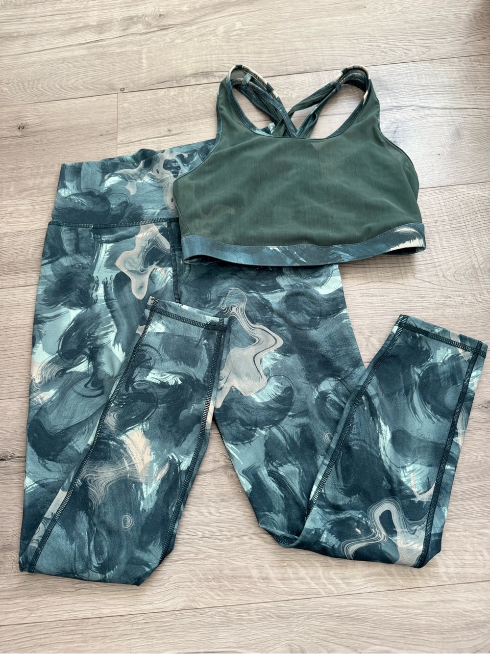 Fabletics Olive Green Marble-Print Leggings with Matching Bra